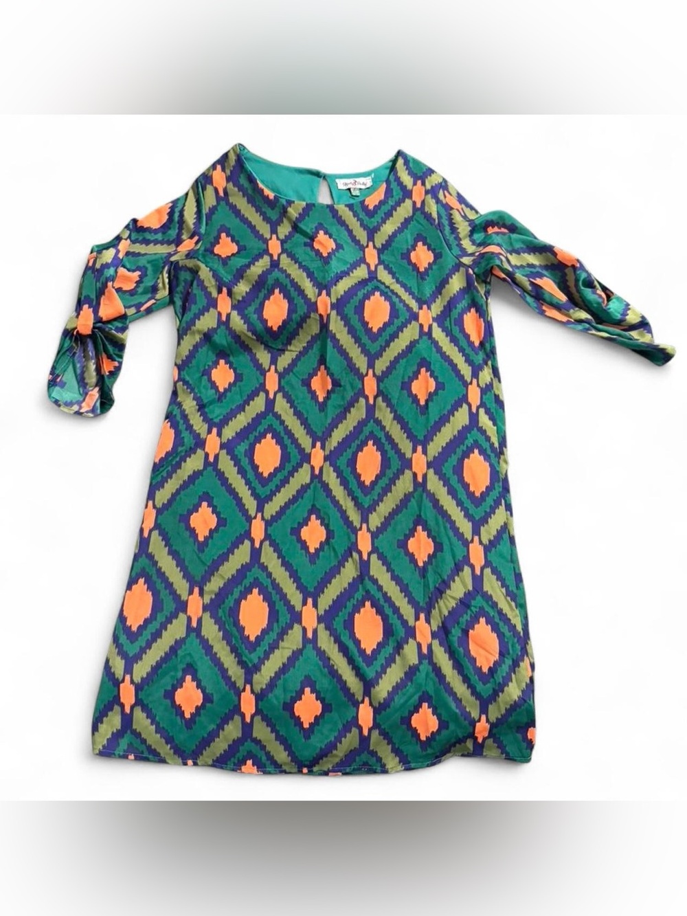 Geometric Print Dress in Green, Teal & Orange